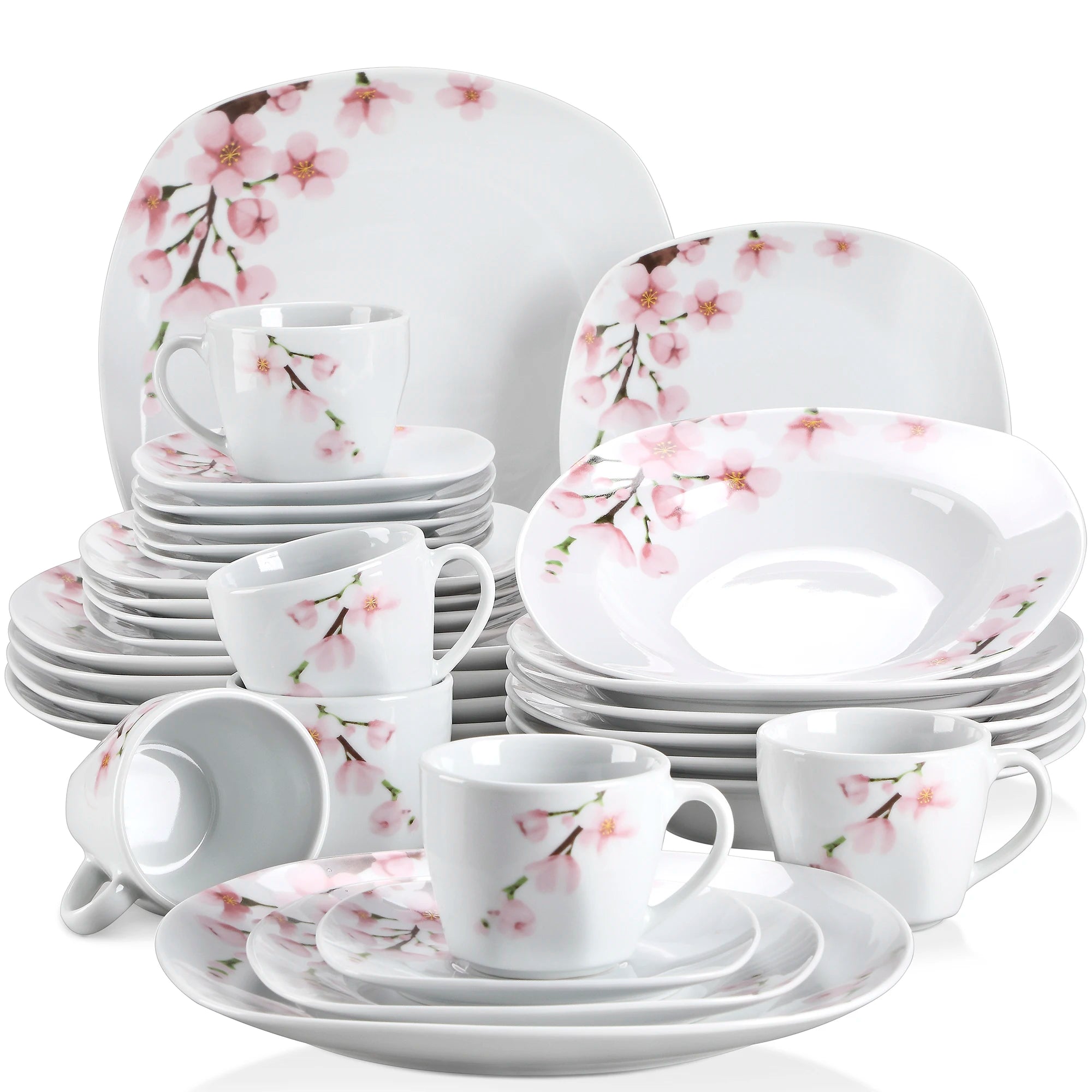 60-Piece White Ceramic Pink Floral Porcelain Dinnerware