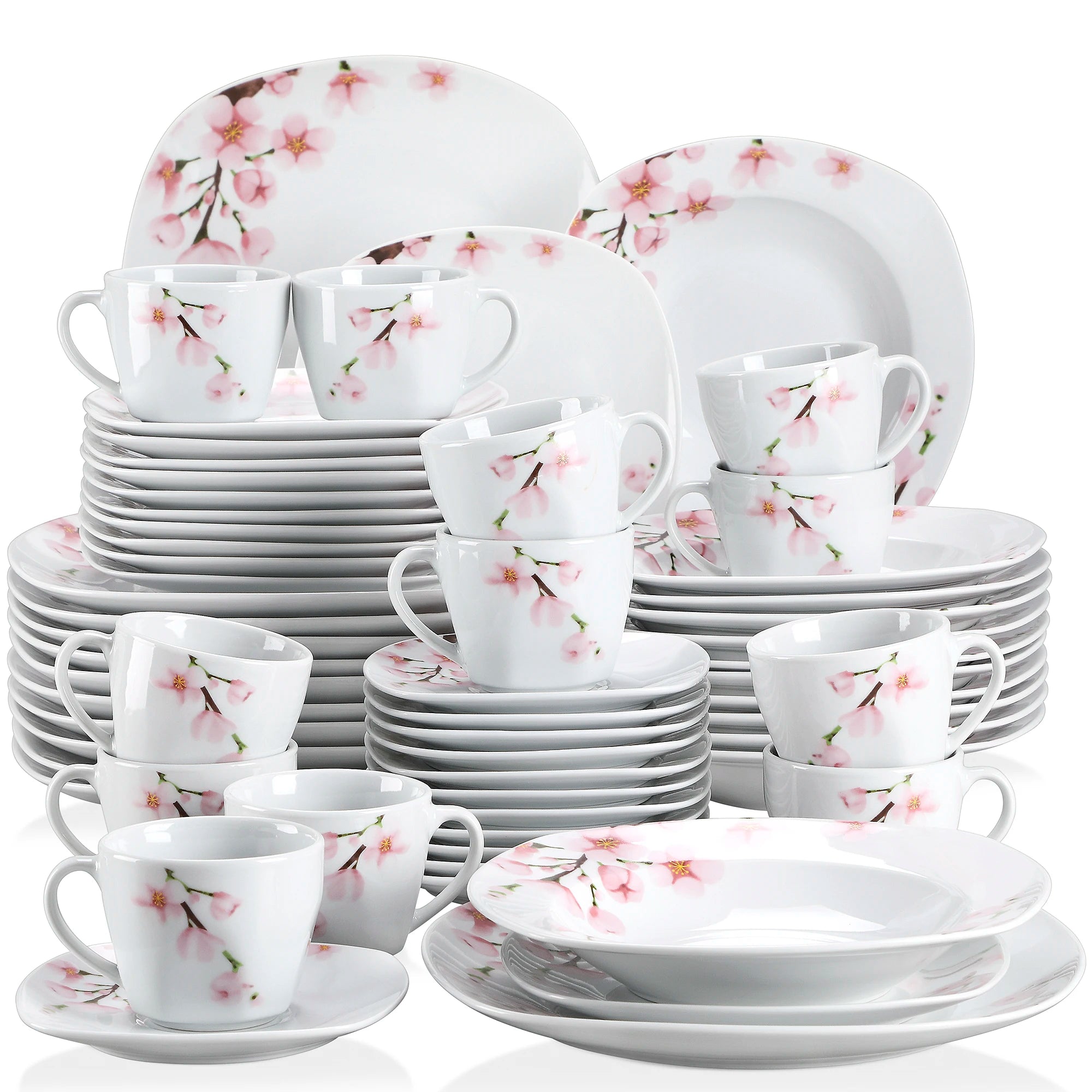 60-Piece White Ceramic Pink Floral Porcelain Dinnerware