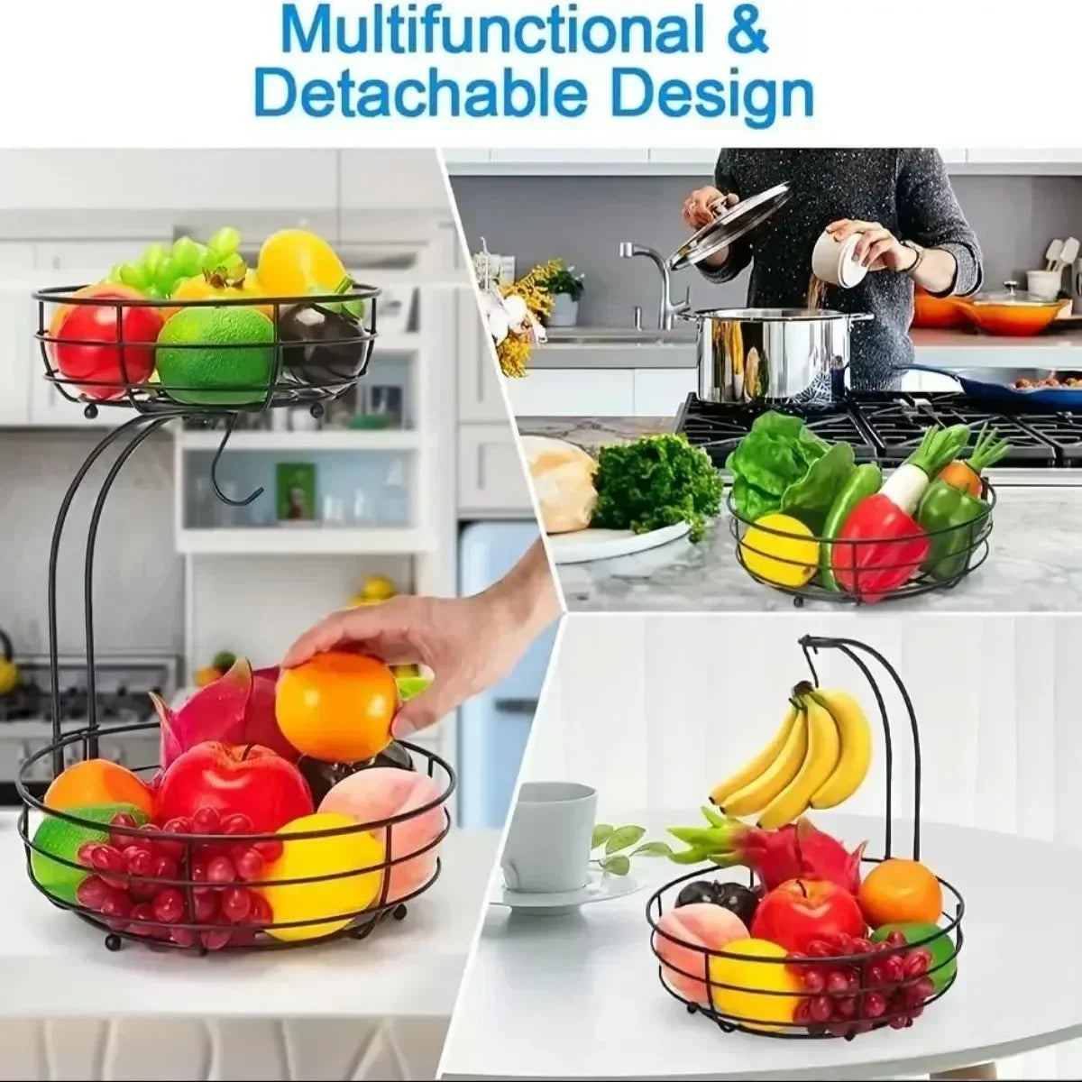 2-Tier Countertop Fruit Basket Bowl with Banana Hanger