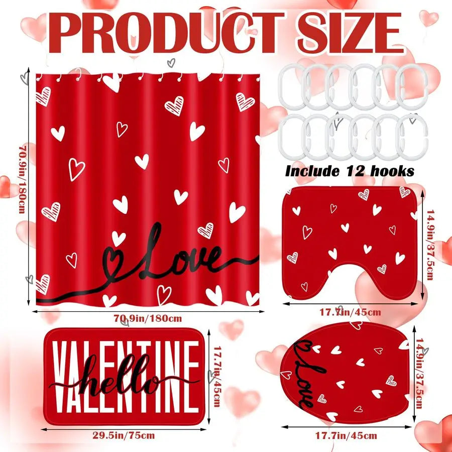 4 Pcs Valentines Day Shower Curtain Set