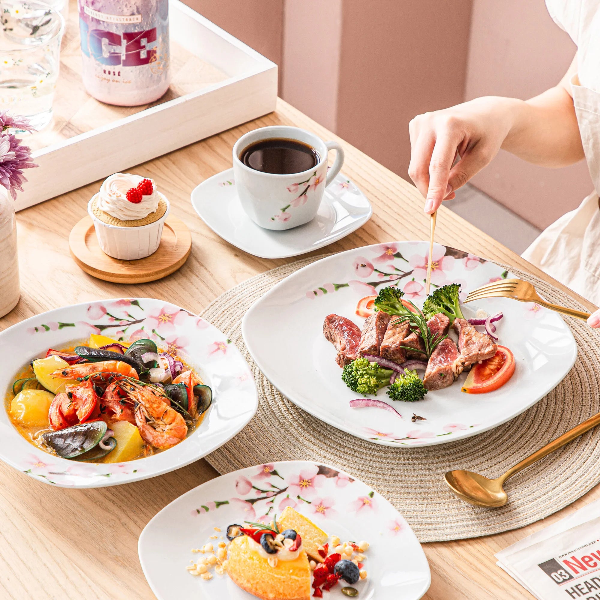 60-Piece White Ceramic Pink Floral Porcelain Dinnerware