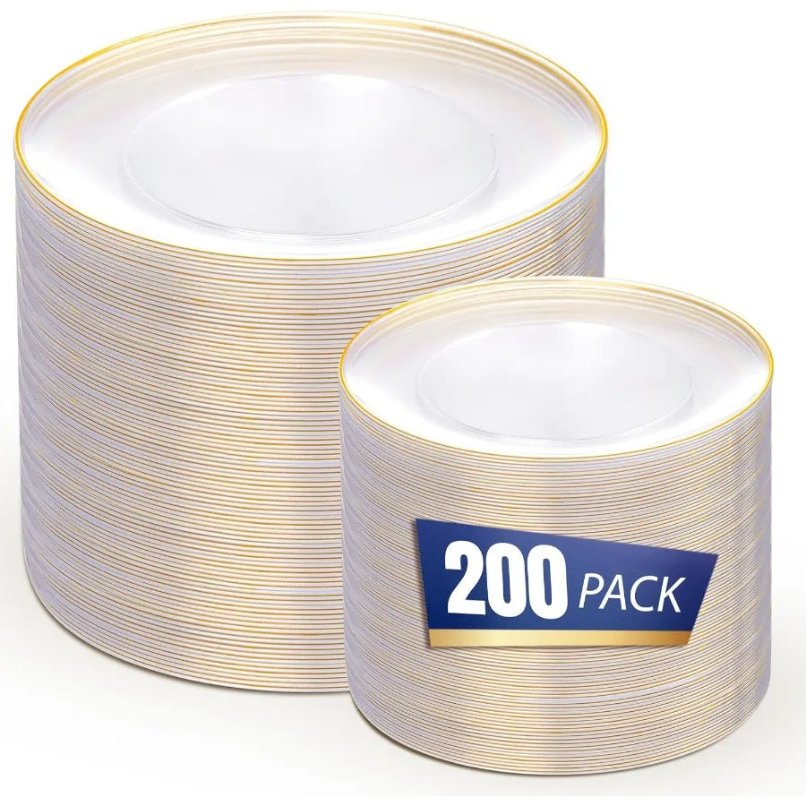 200PCS Clear and Gold Plastic Plates
