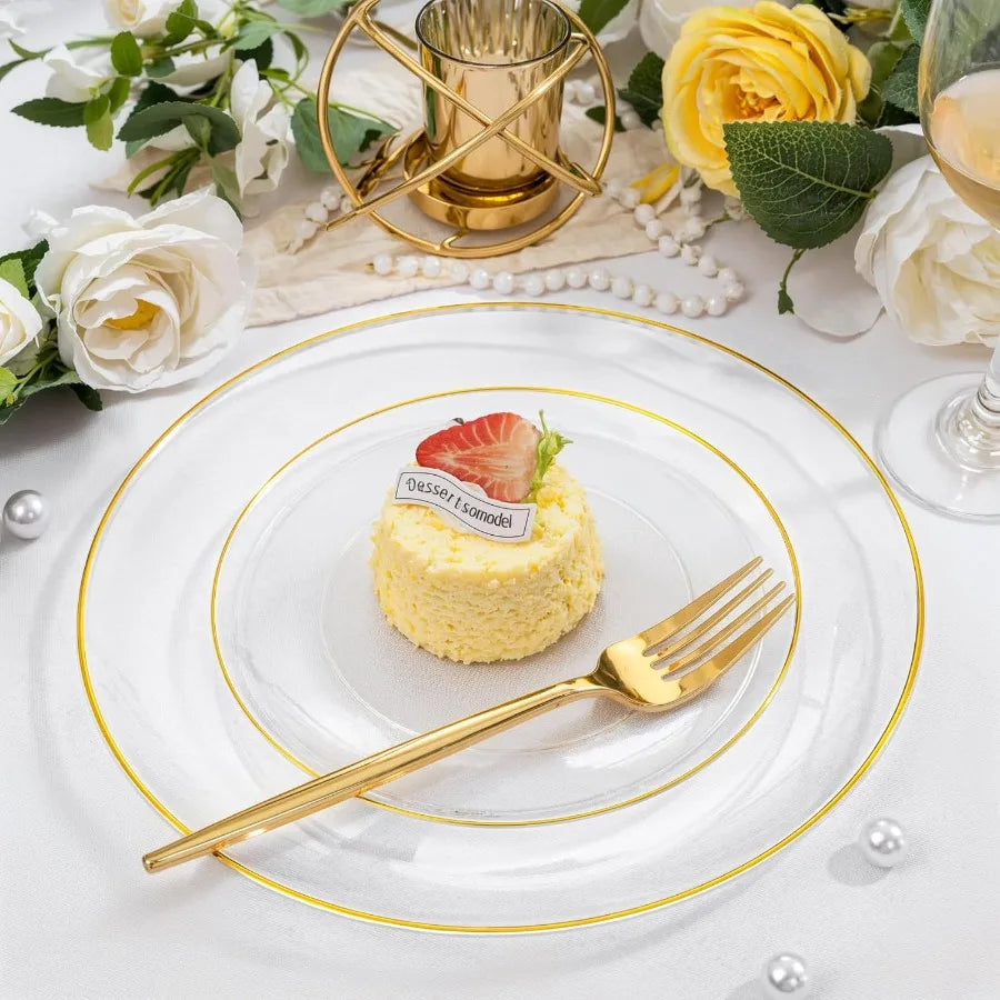 200PCS Clear and Gold Plastic Plates