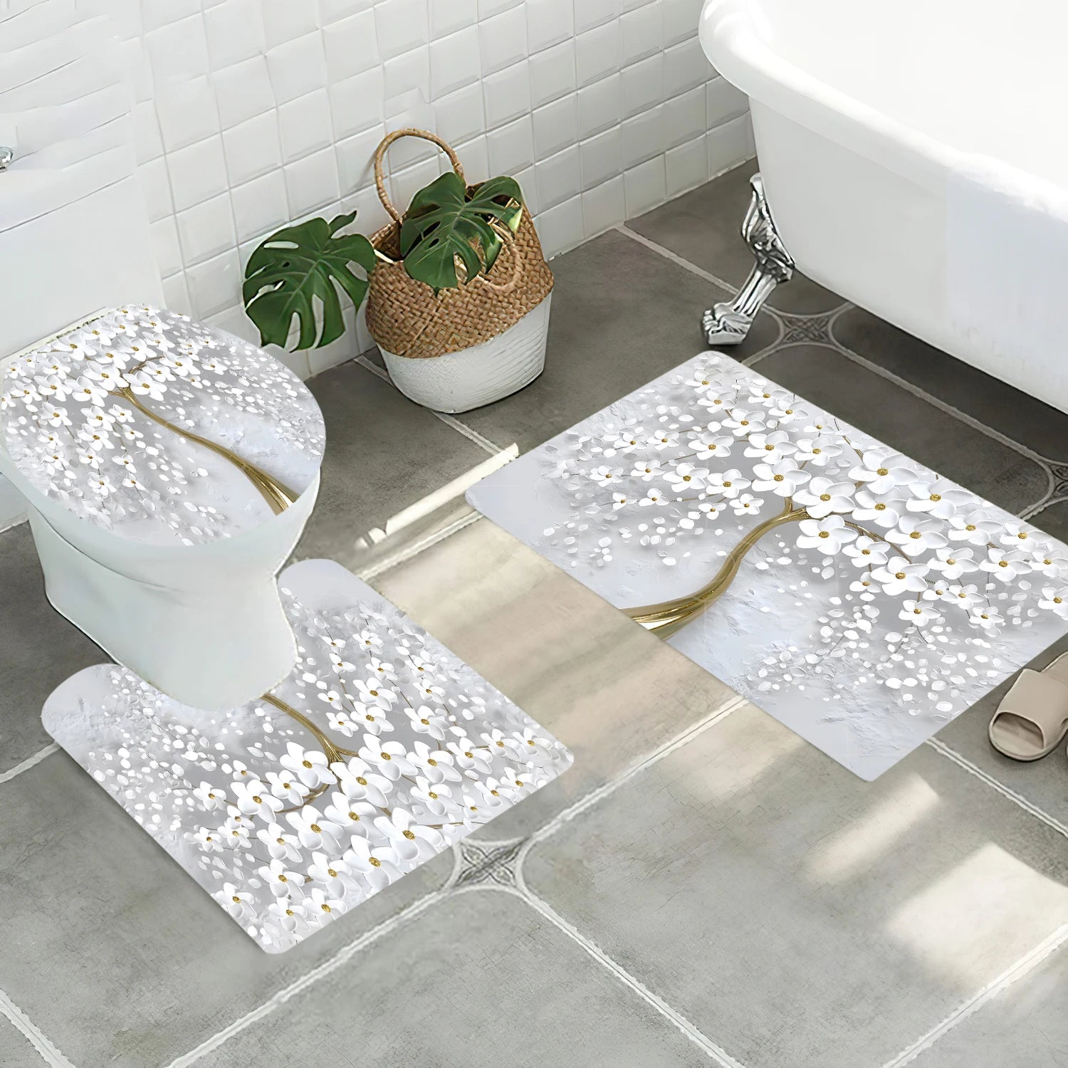 Abstract Art White Floral Shower Curtain Set