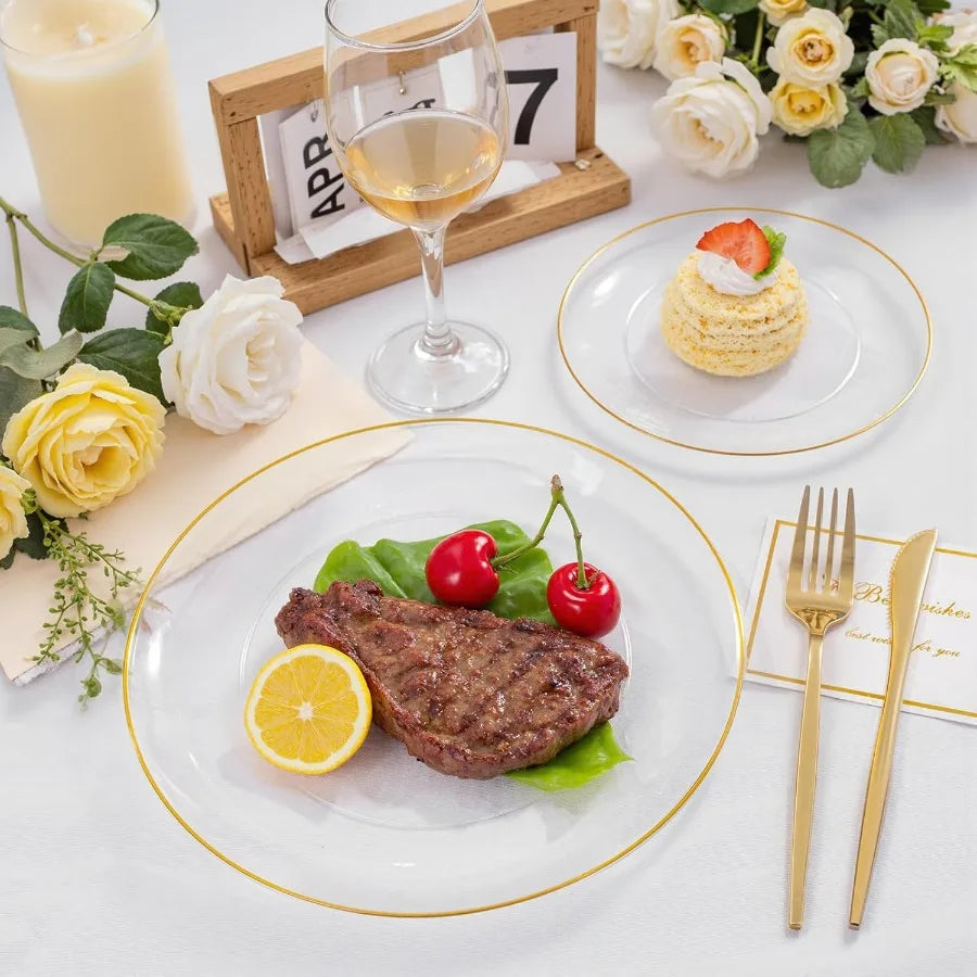 200PCS Clear and Gold Plastic Plates