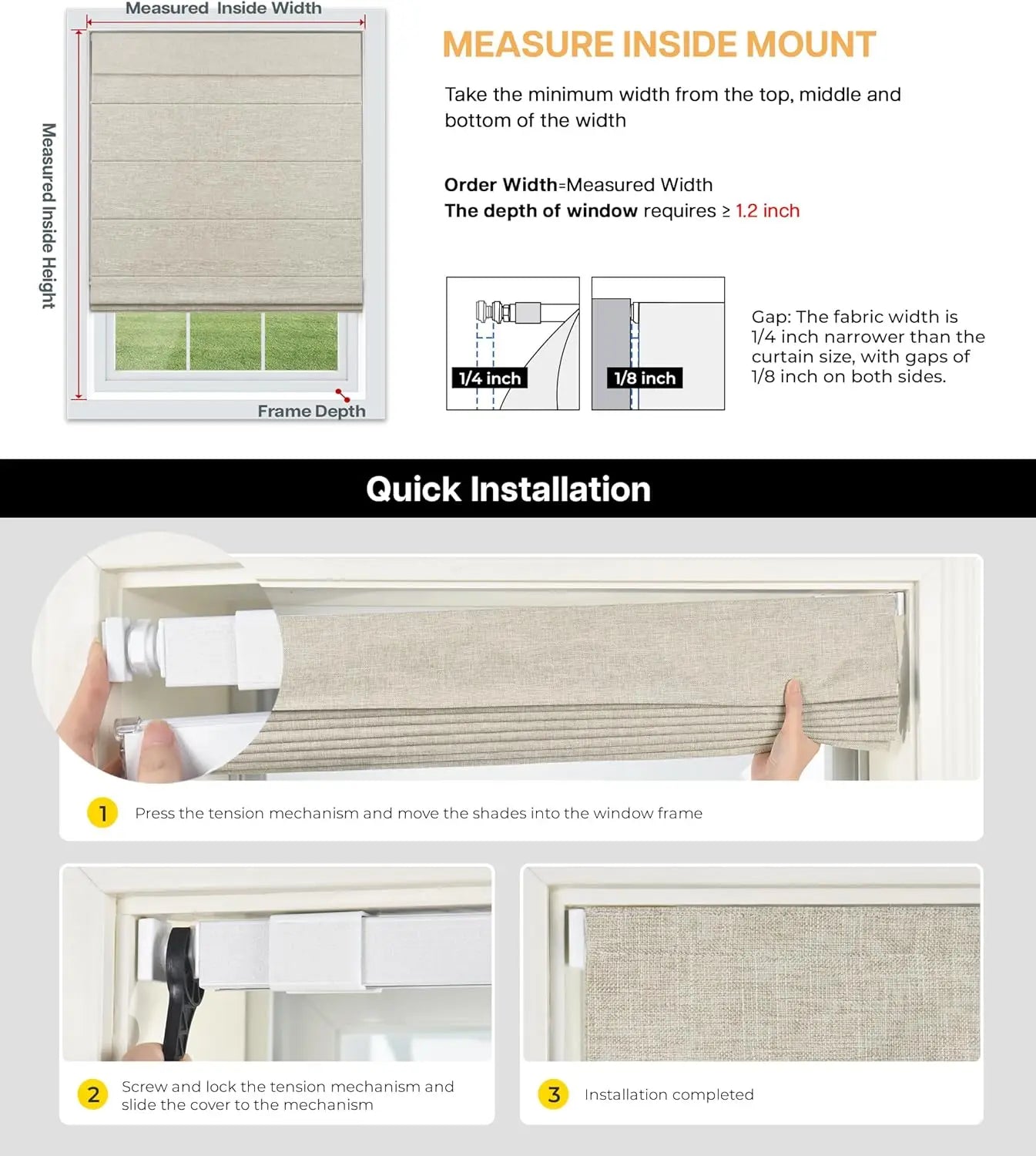 No Drill Cordless Roman Shades