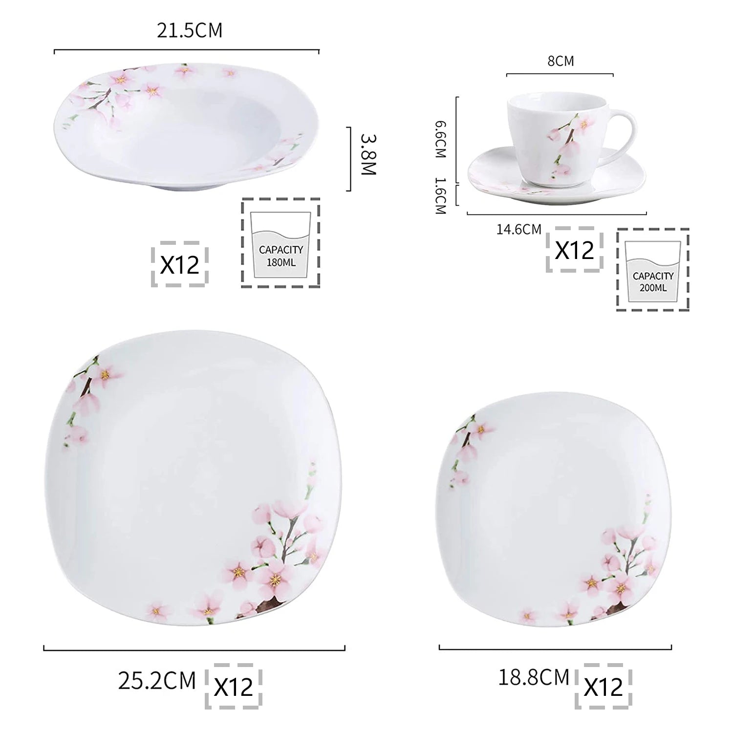 60-Piece White Ceramic Pink Floral Porcelain Dinnerware