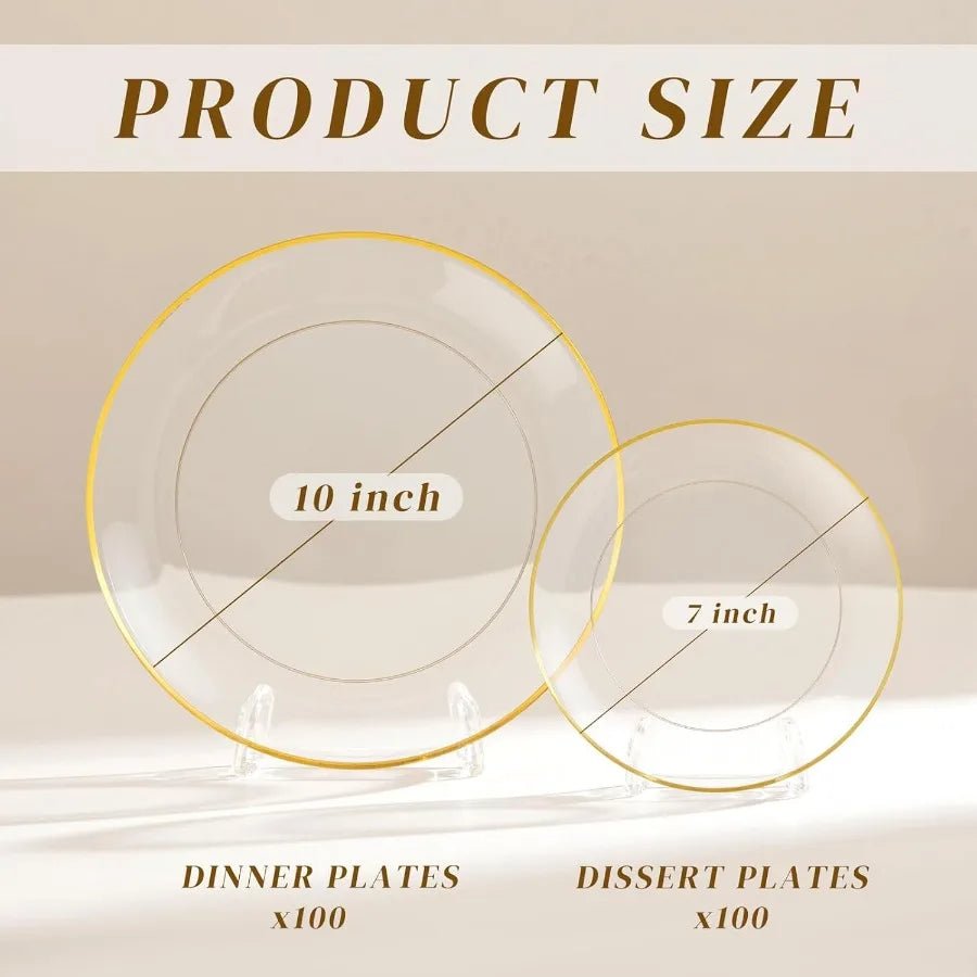 200PCS Clear and Gold Plastic Plates