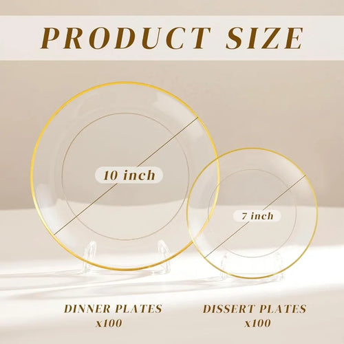 200PCS Clear and Gold Plastic Plates