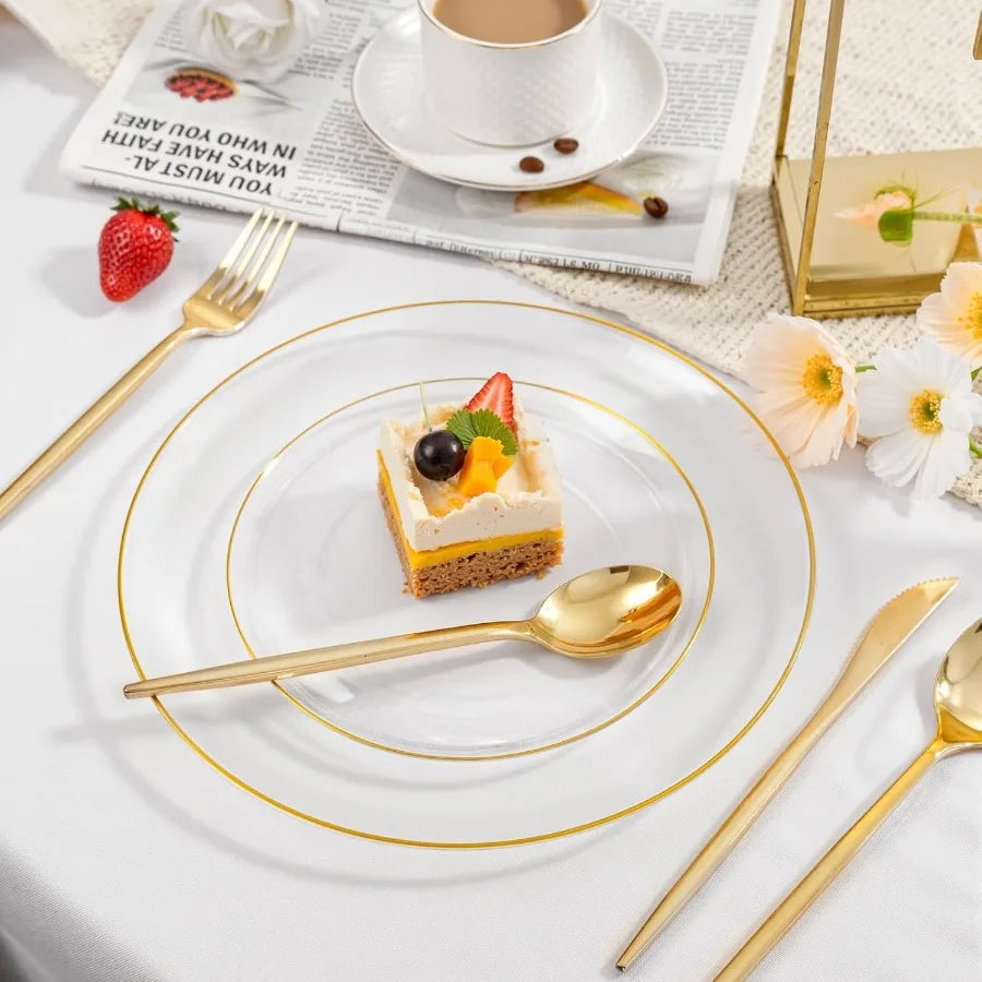 200PCS Clear and Gold Plastic Plates
