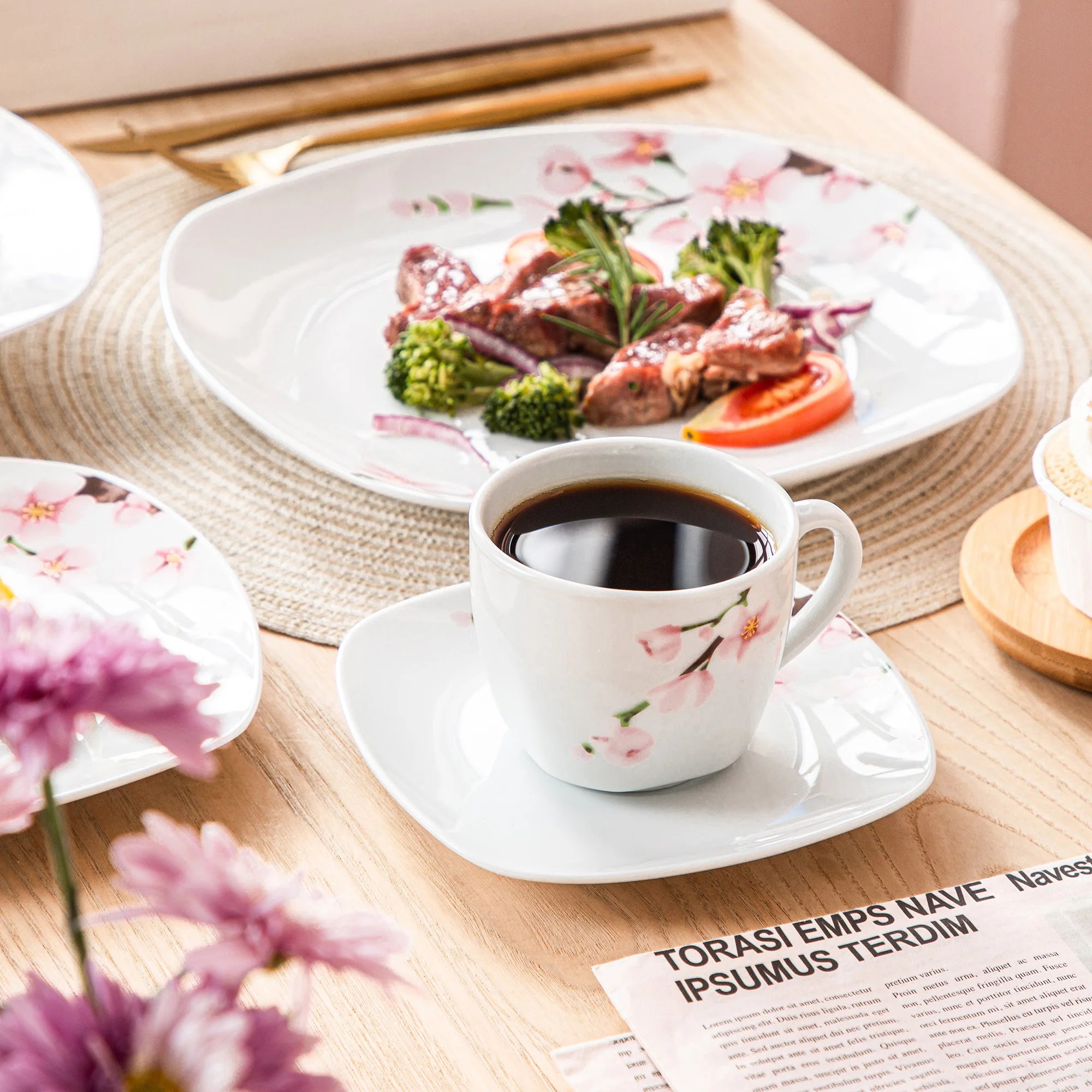 60-Piece White Ceramic Pink Floral Porcelain Dinnerware