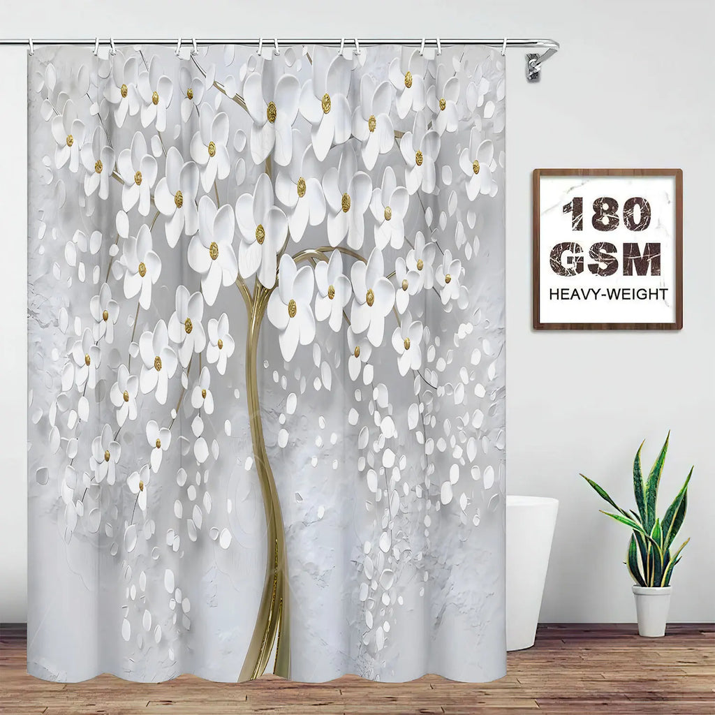 Abstract Art White Floral Shower Curtain Set