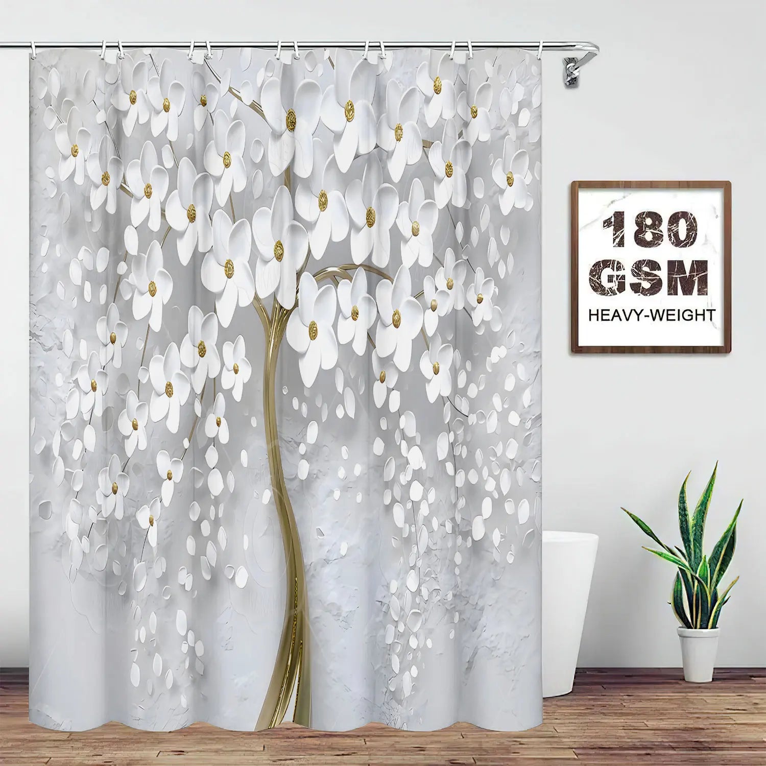 Abstract Art White Floral Shower Curtain Set