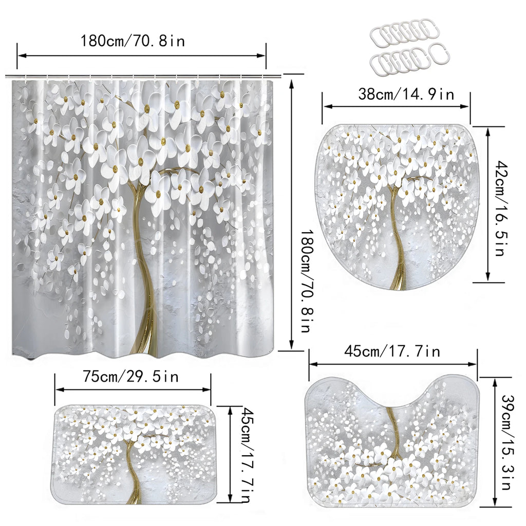 Abstract Art White Floral Shower Curtain Set