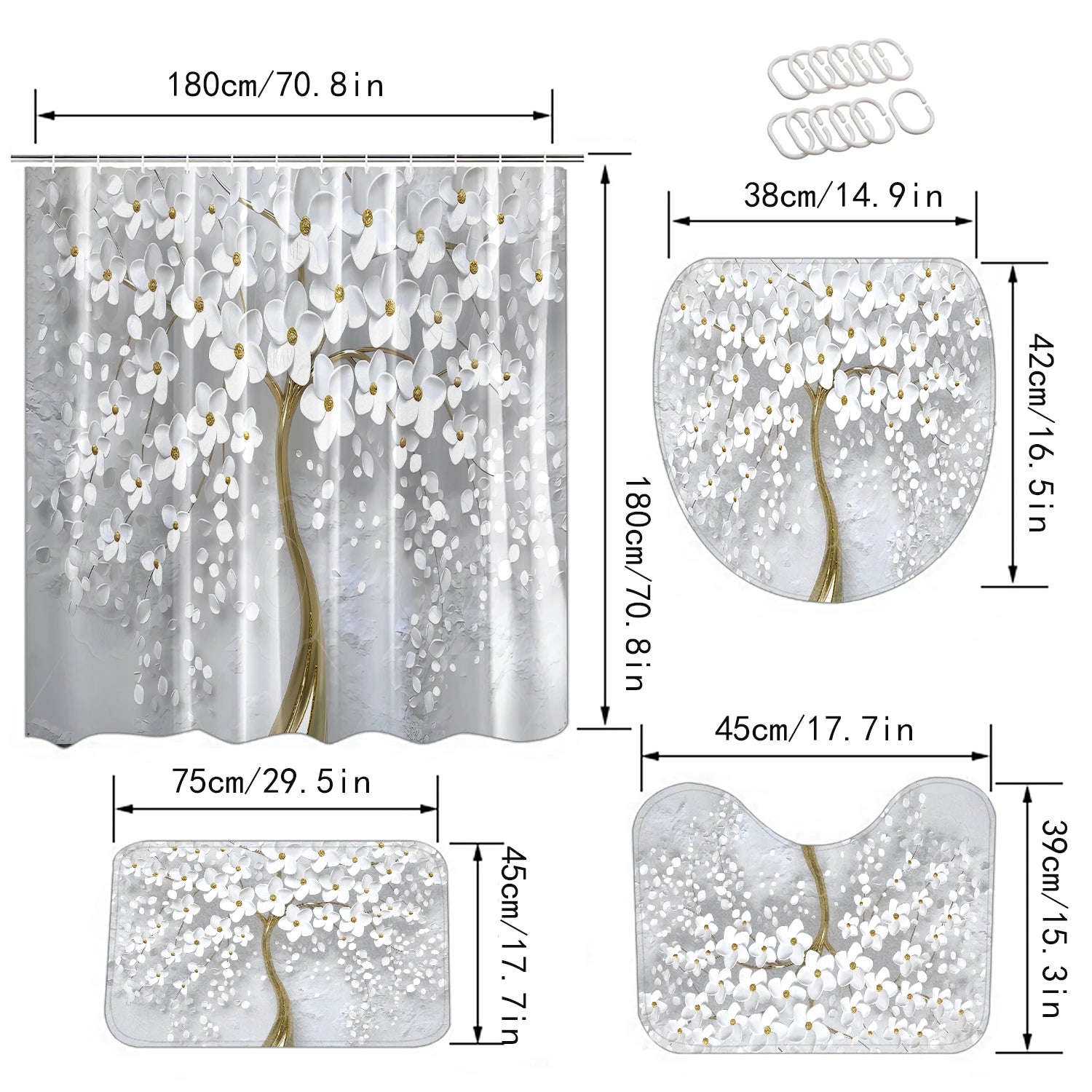 Abstract Art White Floral Shower Curtain Set