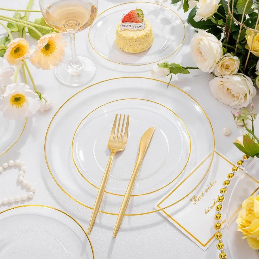 200PCS Clear and Gold Plastic Plates